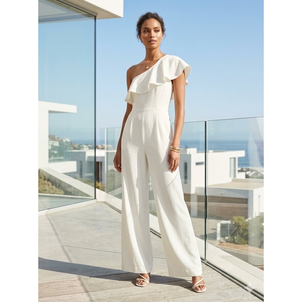 TTYA Elegant Upscale Luxury White One Shoulder Ruffle Wide Leg Jumpsuit 12